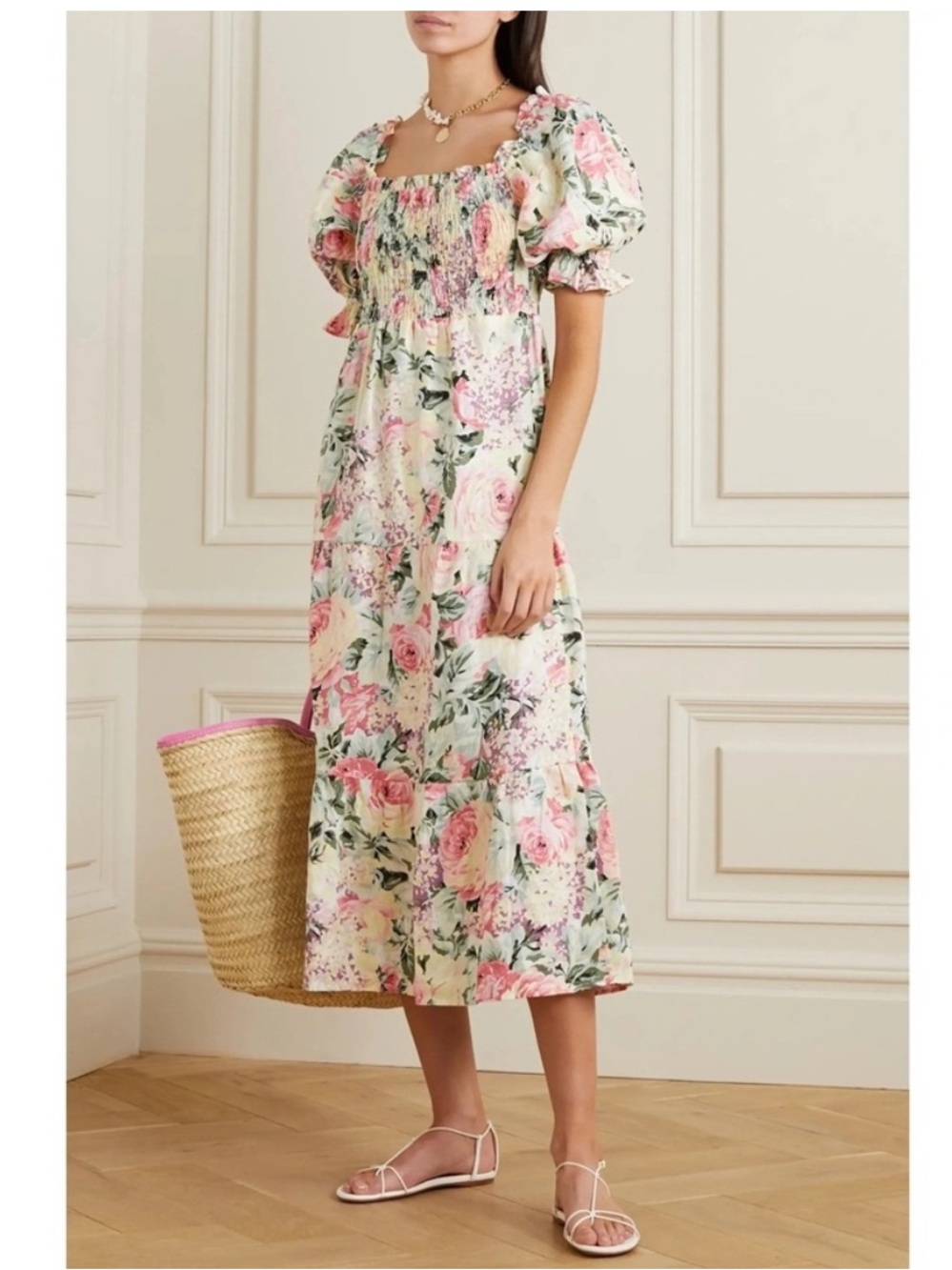 Faithfull the Brand De Christin 100% Linen Midi Dress Venissa Floral Small